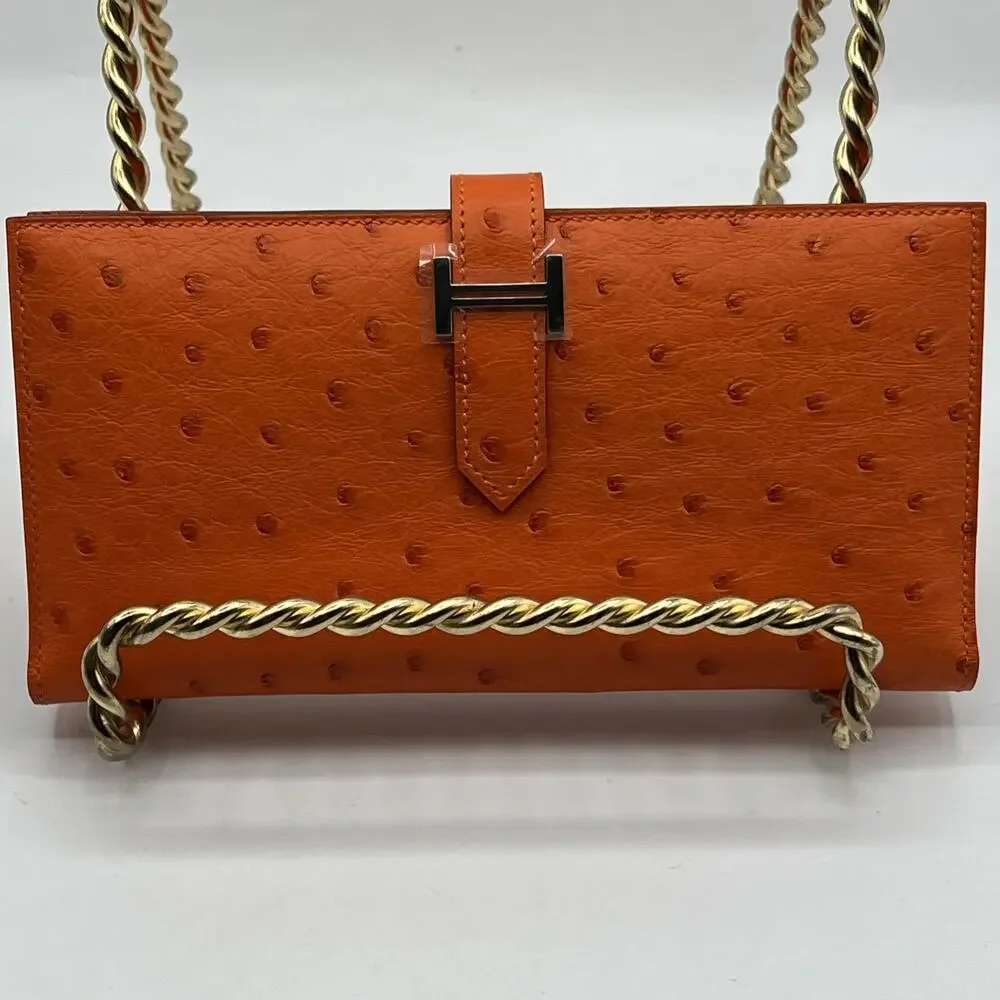 Authentic Hermes Orange Ostrich Leather Bearn Long Wallet Silver Tone Hardware